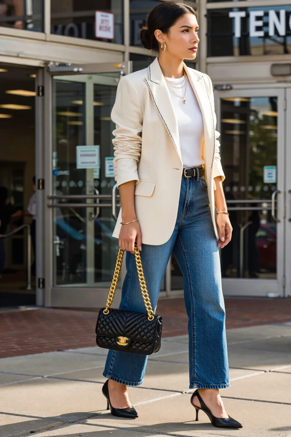 Ivory blazer over white tee and dark wide-leg denim, styled with black slingbacks and quilted crossbody for a polished look.