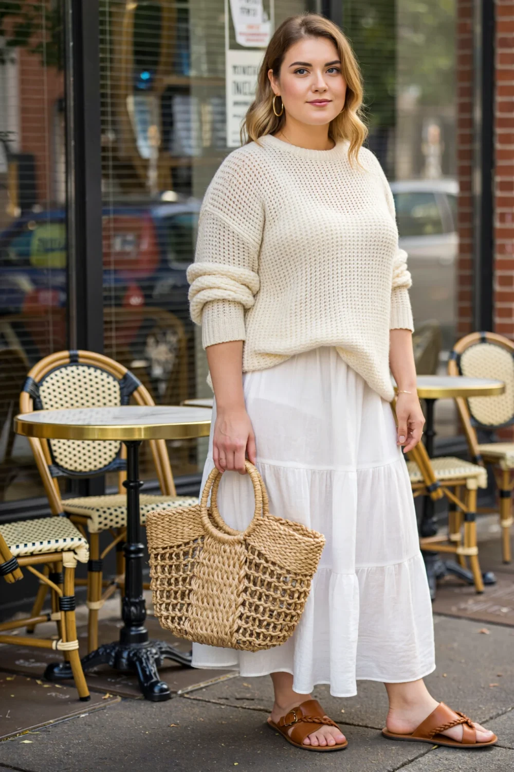 Woman in ivory knit sweater and tiered white maxi skirt, styled with tan braided slides and a raffia tote on a sunny sidewalk