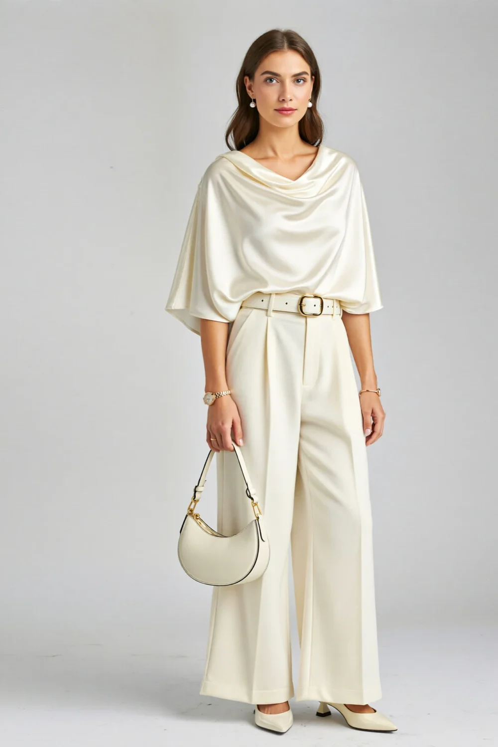 Ivory satin-crepe cape top with wide-leg trousers and belt, styled with a matching handbag for a calm, modern ceremonial look