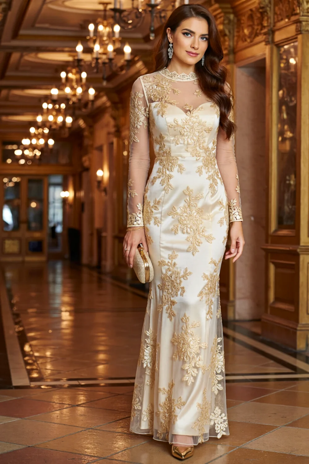 Ivory silk evening gown with gold floral lace, high neckline, sheer long sleeves, and a slim column skirt in warm candlelit elegance