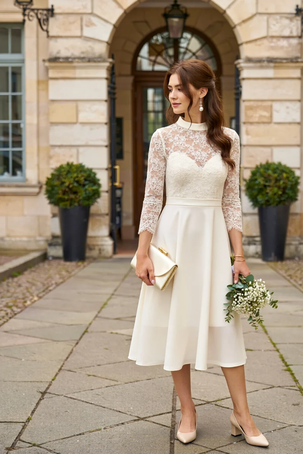 Ivory lace bodice midi dress with sheer long sleeves, satin waist seam, and gathered A-line skirt worn with clutch and bouquet outdoors
