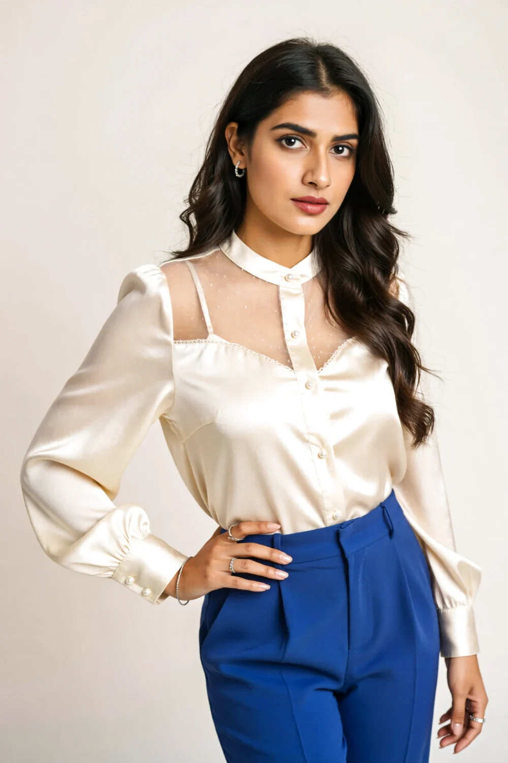 Ivory silk blouse with sheer yoke paired with royal blue tailored pants, creating a polished luxe look with minimal jewelry.