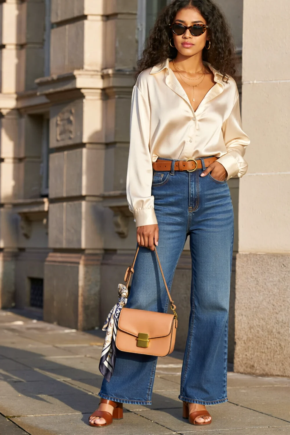 Woman in ivory silk shirt and wide-leg jeans with belt, scarf, sandals, and crossbody bag for a polished high-low look outdoors