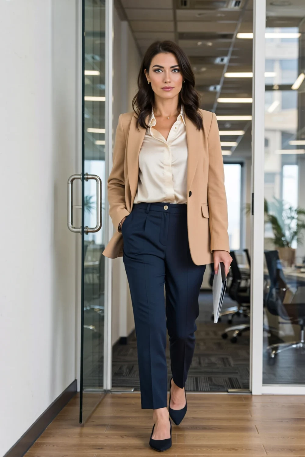 Professional woman in office doorway wearing ivory silk blouse, tan blazer, navy-blue trousers and pointed flats, holding folder.