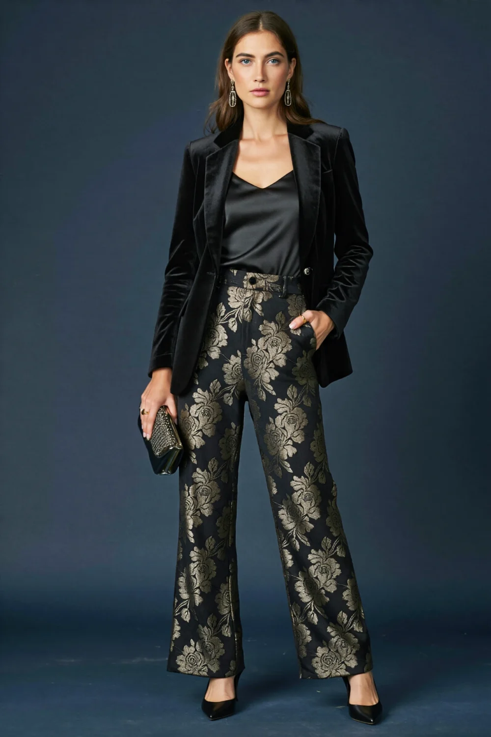 Black jacquard floral trousers with velvet blazer and satin camisole, styled for elegant evening wear with a subtle sheen