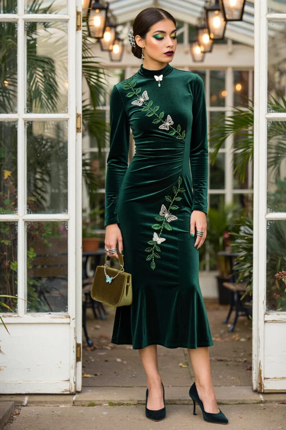 Woman in a moss-green velvet midi mermaid dress with butterfly vine embroidery, long sleeves, and matching heels outside