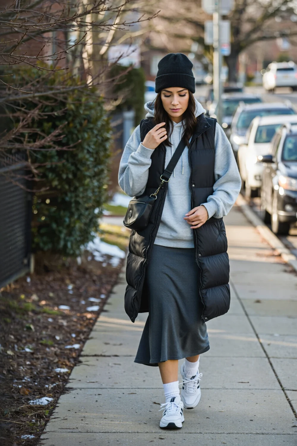 Woman walking sidewalk in jersey maxi with gray hoodie long black puffer vest, beanie, wool socks and sporty sneakers for warmth.