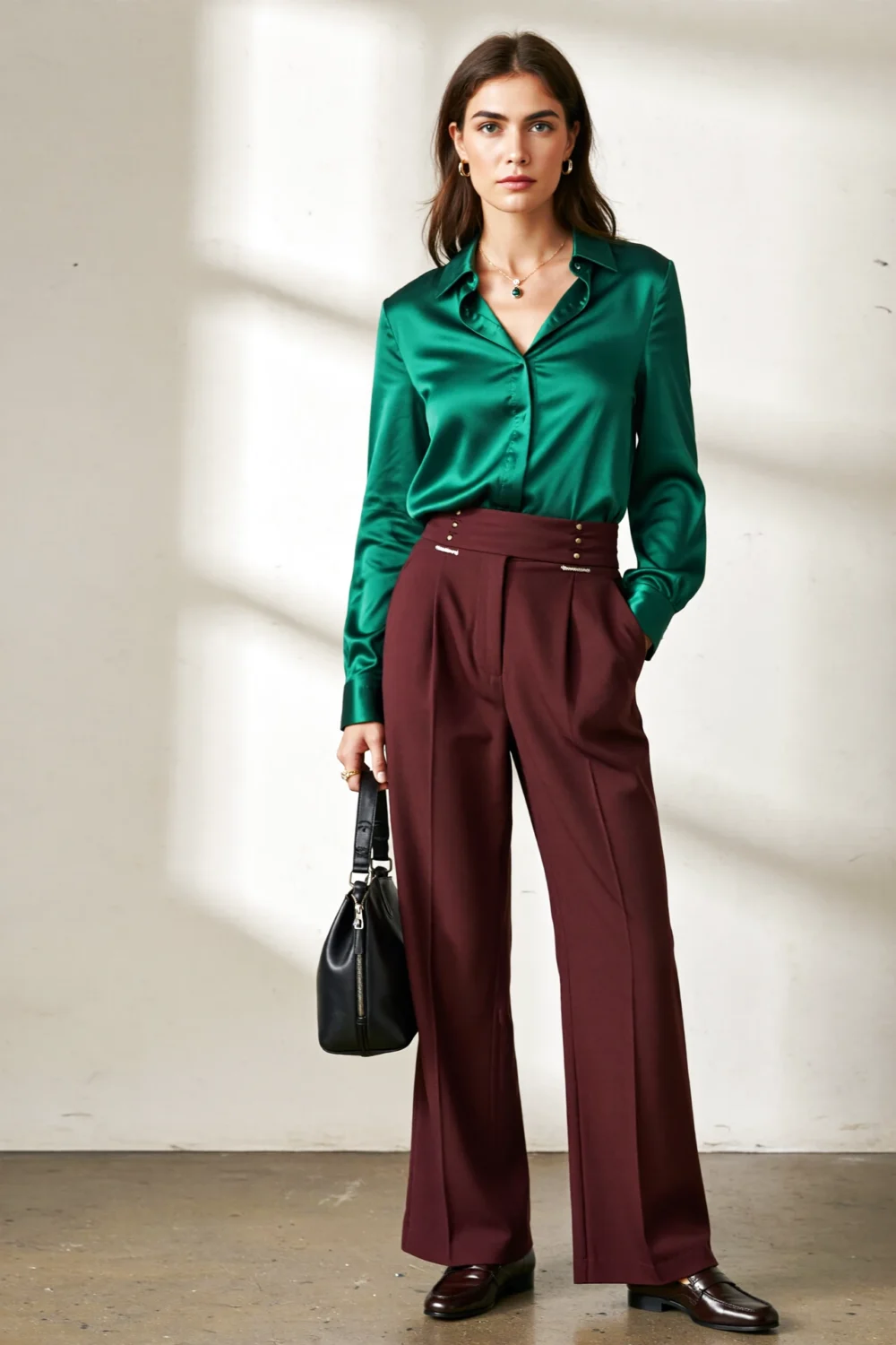 Woman in emerald silk blouse and burgundy wide-leg trousers, styled with black leather bag and loafers for sophisticated jewel-tone color-blocking