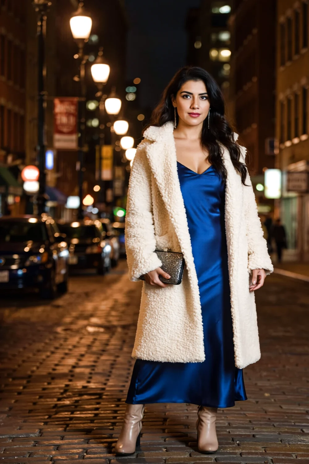 Woman on a night city street in a jewel-tone blue slip dress under a cream teddy coat, clutch and boots for a cozy-luxe evening