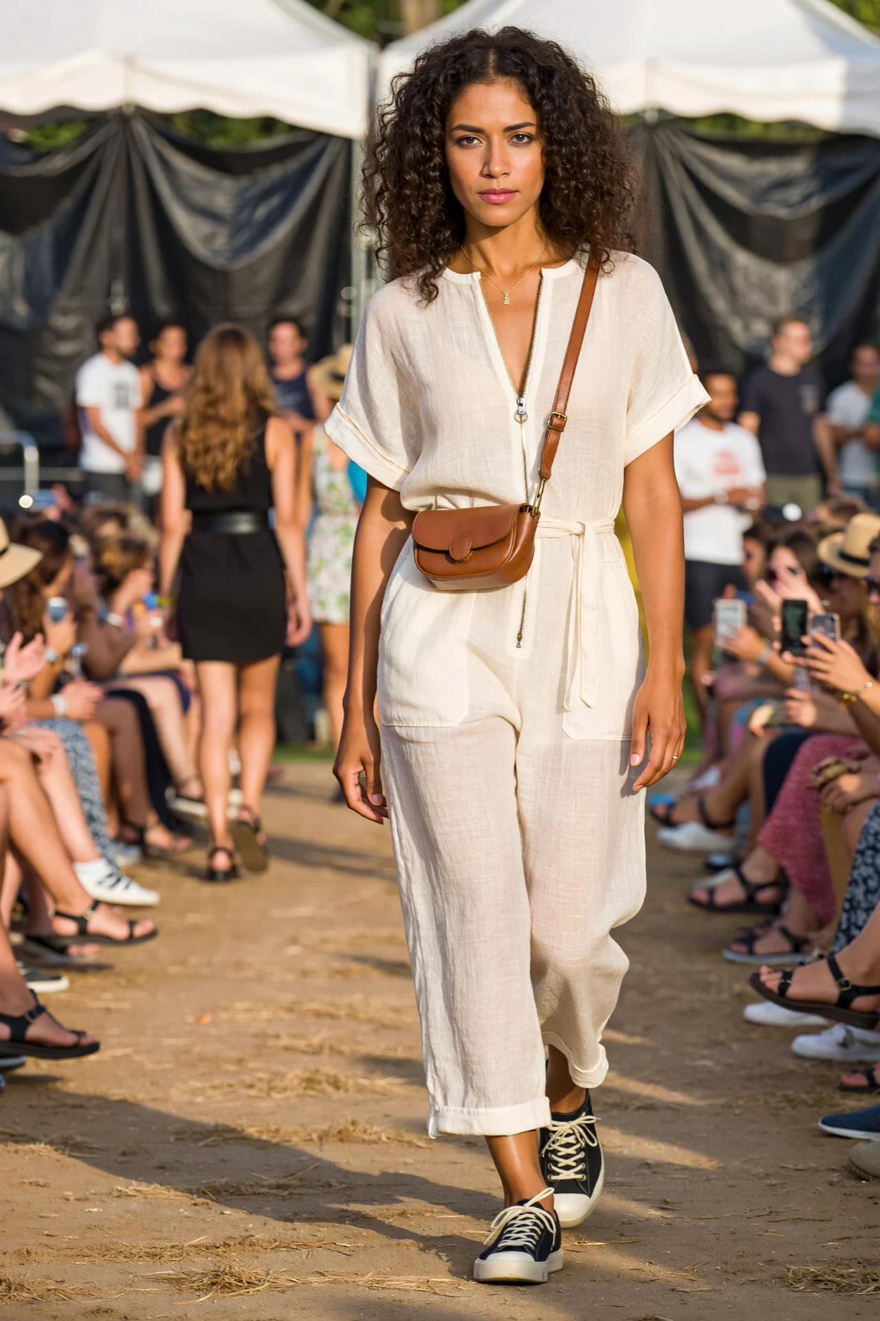Breathable cream jumpsuit with defined waist and brown belt bag, styled for a comfortable, hands-free festival outfit by the runway