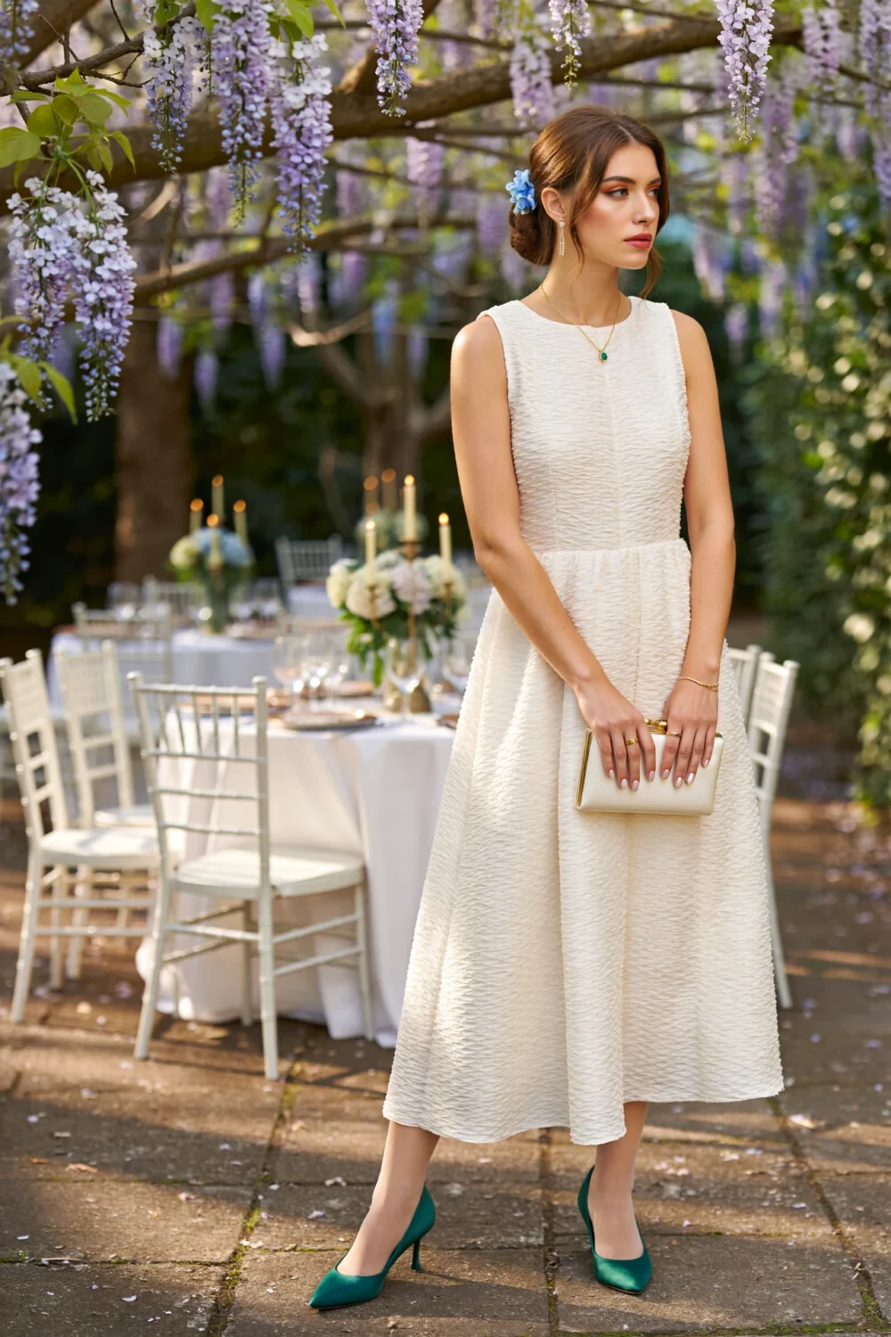 Brunette woman in a sleeveless ivory tea-length cocoon dress, standing beneath wisteria at an elegant garden reception, holding a clutch.