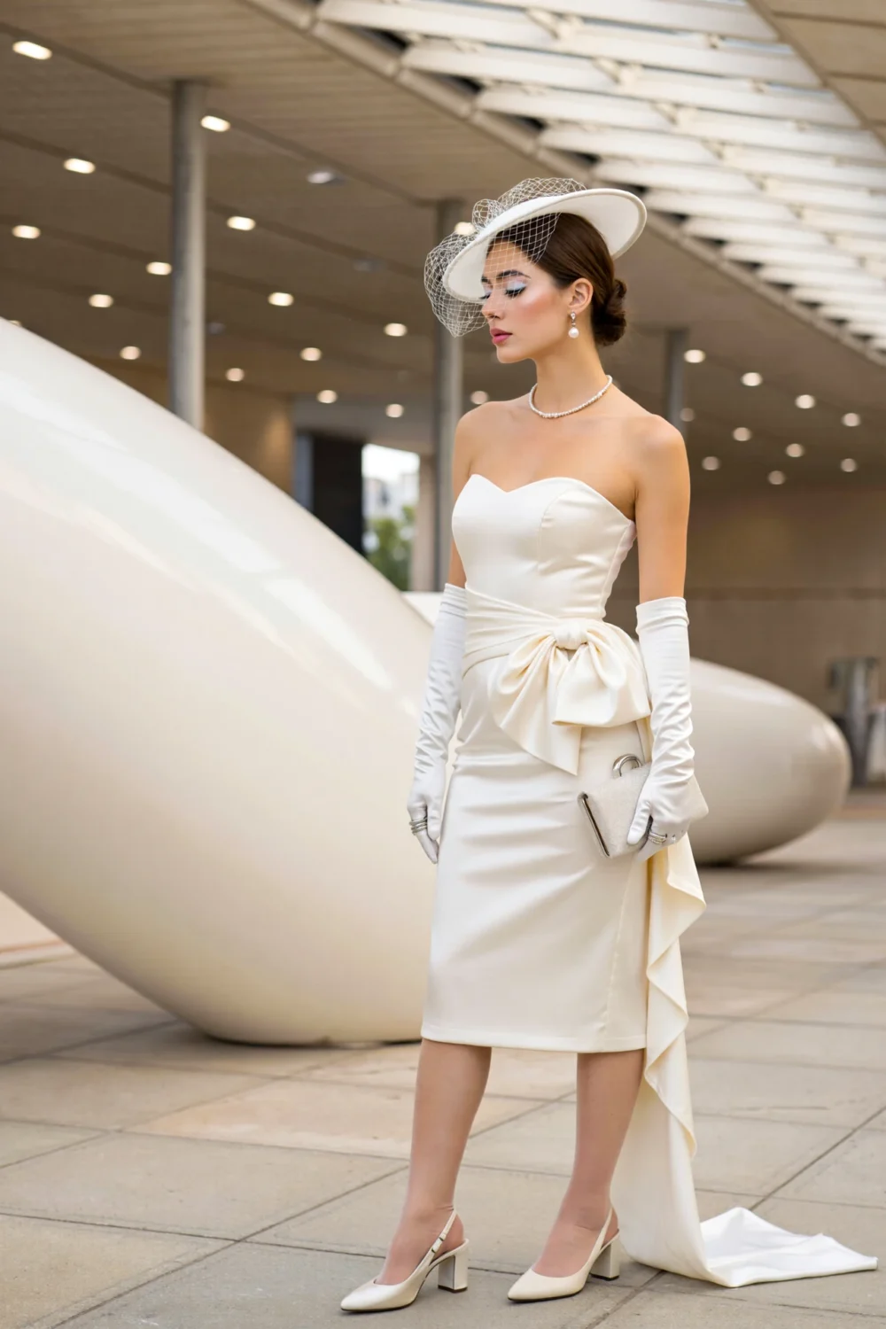 Brunette woman in an ivory strapless midi cocktail dress with oversized hip bow, satin gloves, and white wide-brim fascinator
