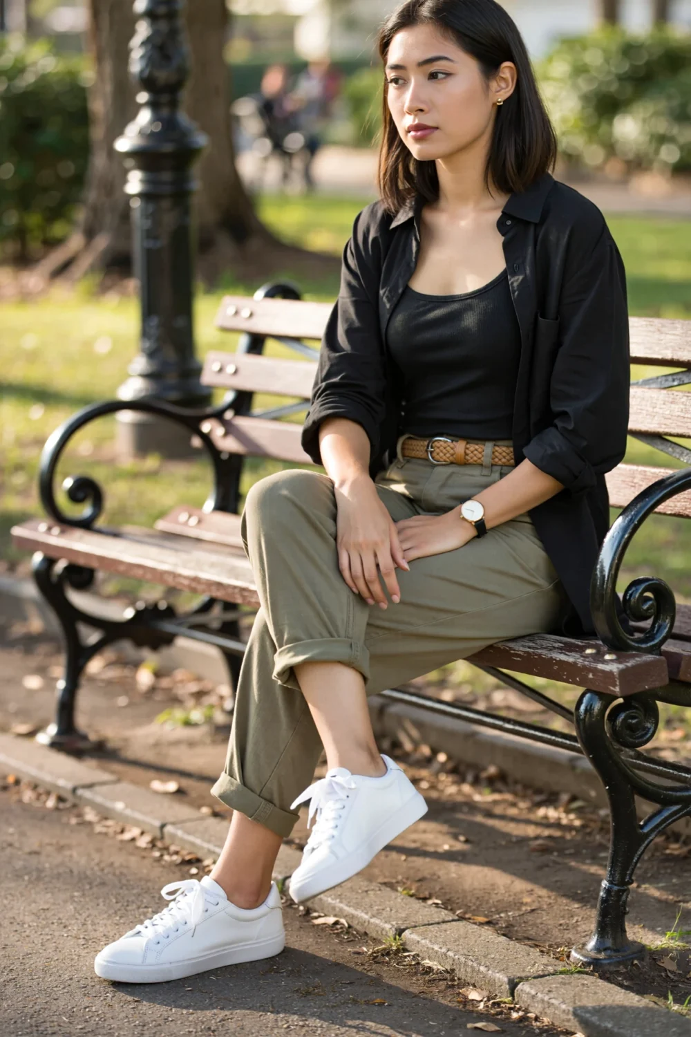 Woman sitting on bench in khaki chinos with rolled cuffs, woven belt and white sneakers, layered black tank and open black shirt.