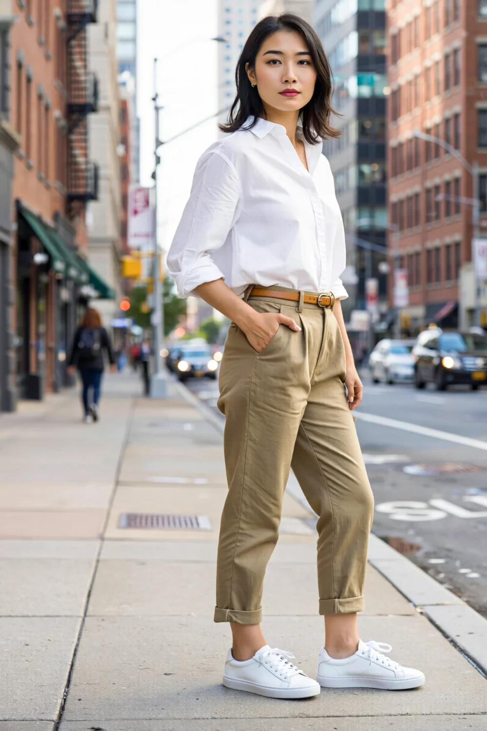 Woman in white shirt and khaki pants with rolled hems, tan belt, and white sneakers, standing casually on a city sidewalk.