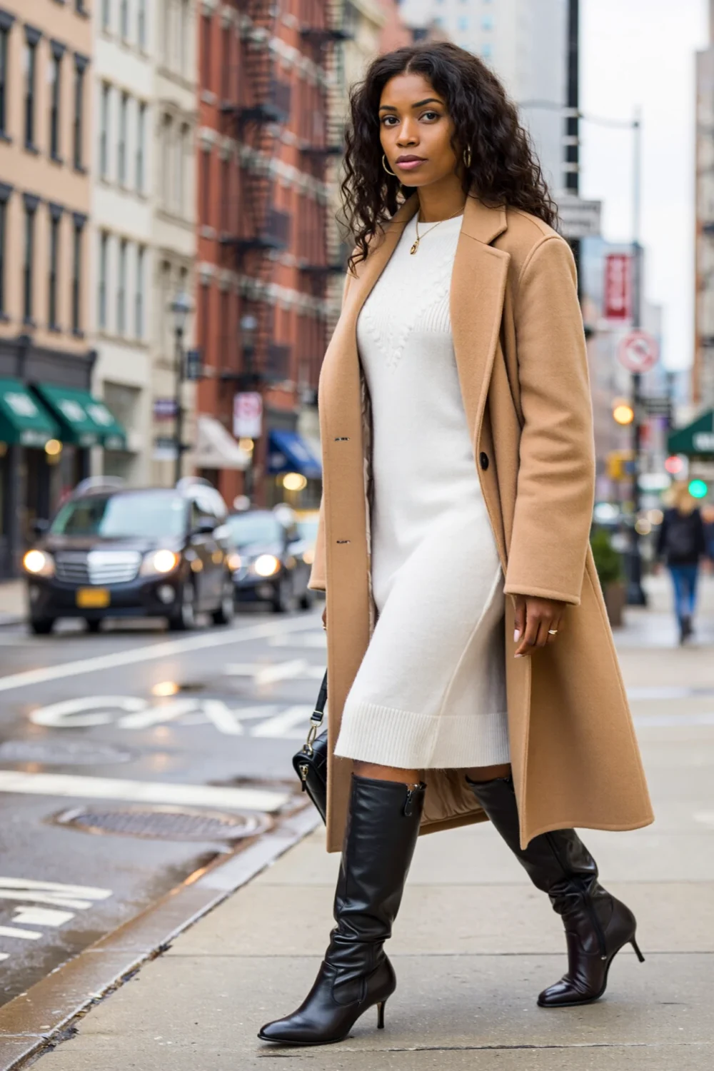 Woman in a white midi sweater dress, camel coat, and black knee-high boots creating a sleek winter city column with clean lines.