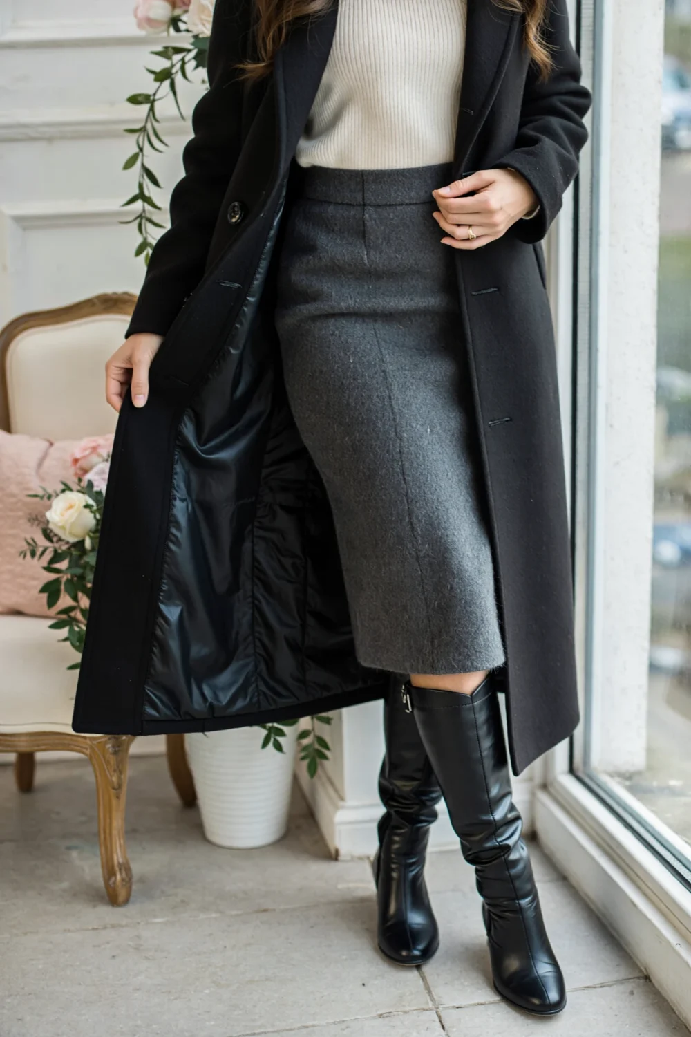 Black knee-high leather boots with grey pencil skirt and lined long black coat, elongating an elegant, weatherproof dressy outfit