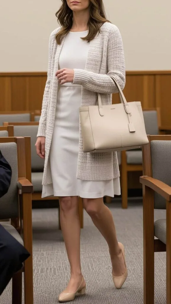 A woman in a courtroom waiting area, dressed in a knee-length shift dress layered with a textured taupe cardigan.