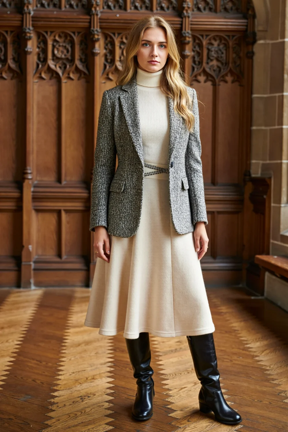 Textured tweed blazer with merino turtleneck, midi skirt, and black boots create a polished academic-inspired outfit indoors.