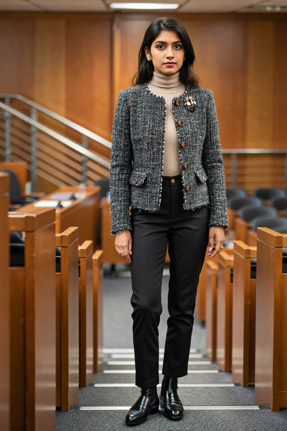 Textured tweed blazer with merino turtleneck and black ponte pants, creating a polished academic look for lectures and networking