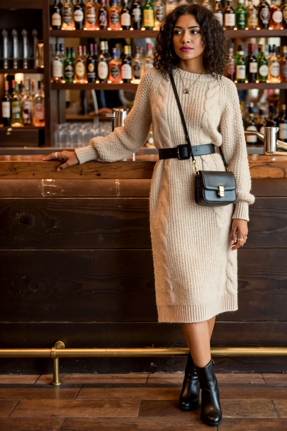 Woman in a cozy beige knit midi dress cinched with a sleek black belt, mini shoulder bag and black knee boots standing at a bar.