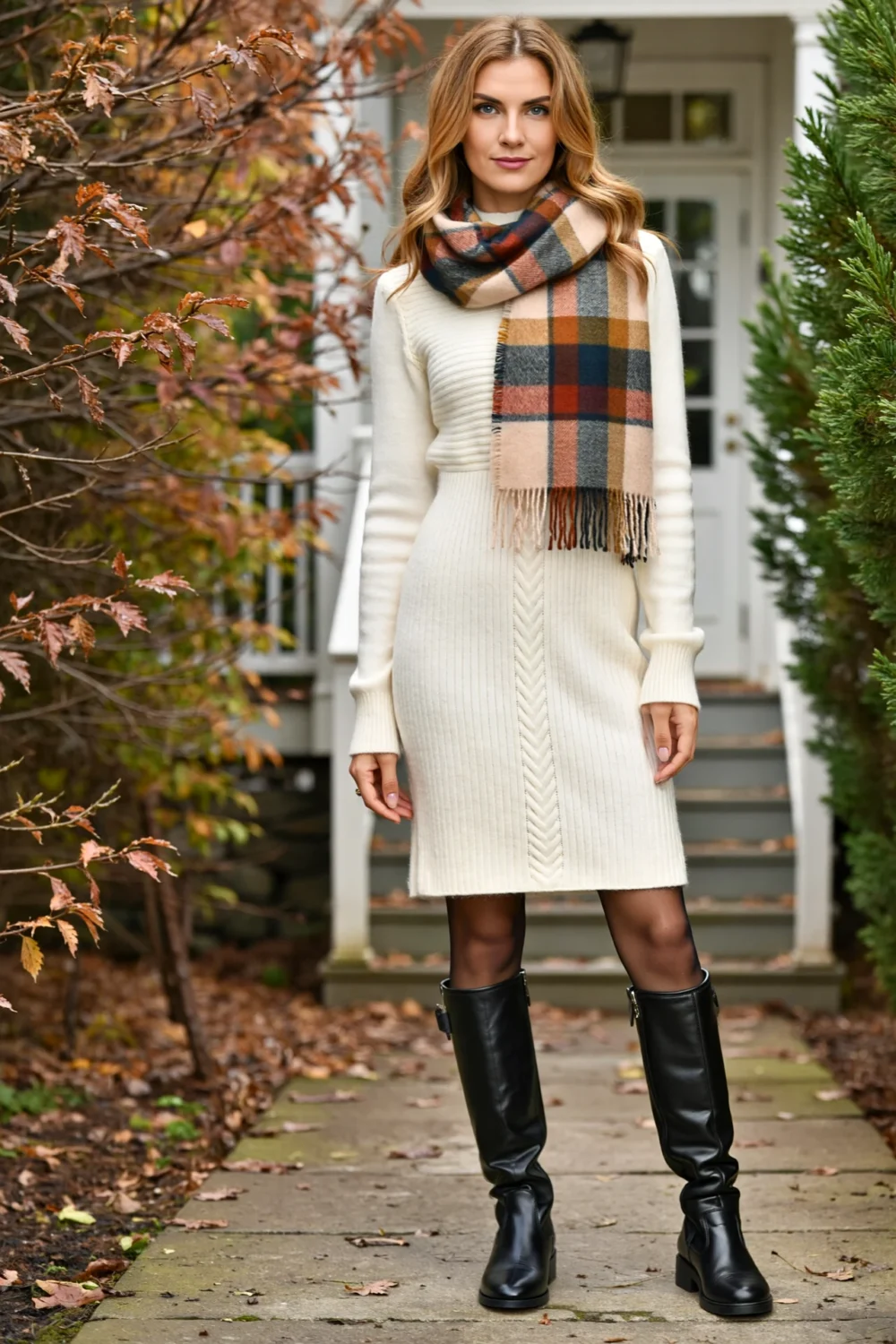 Cream knit midi dress with opaque tights, knee-high black boots, and plaid scarf for a polished late-autumn outfit outdoors