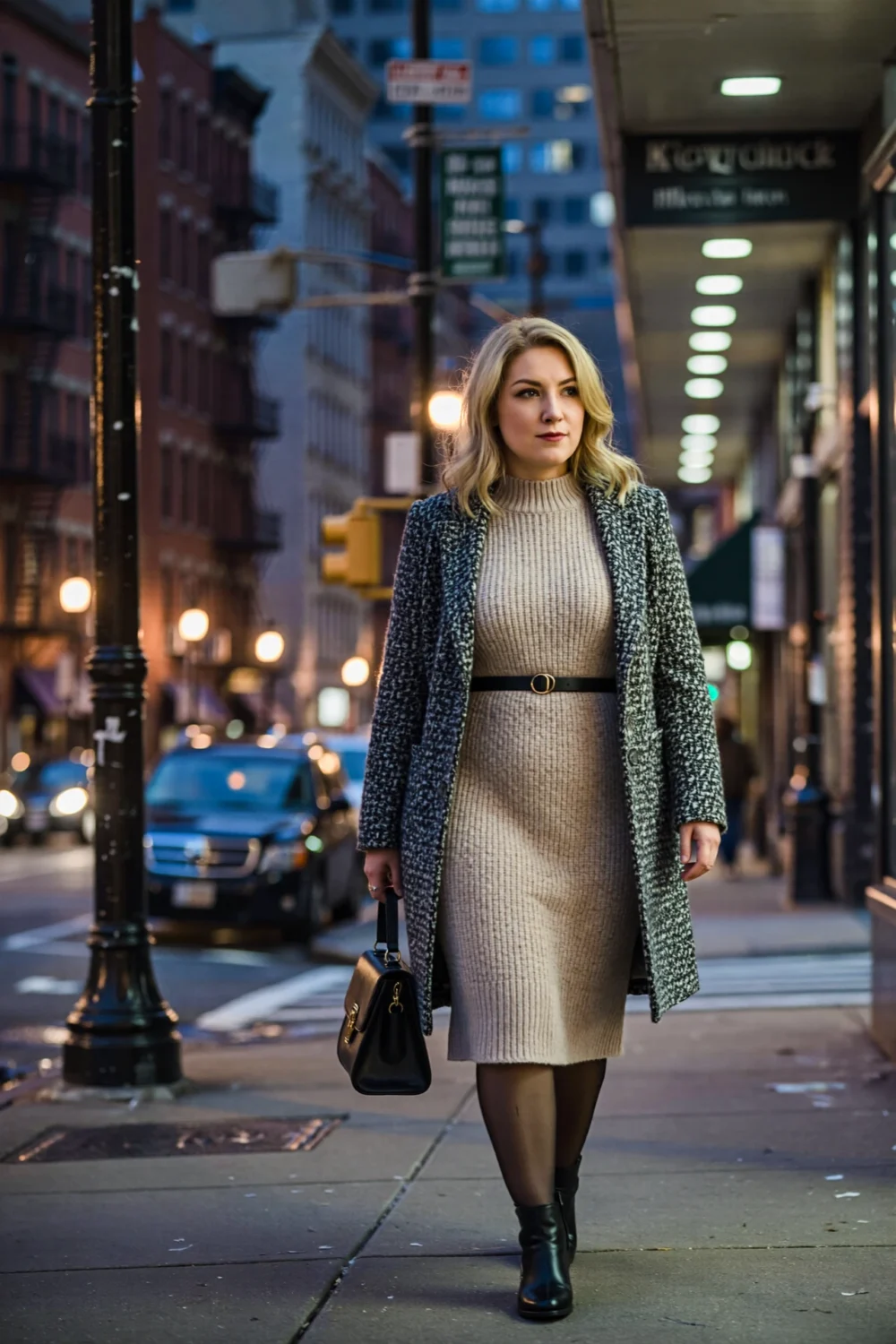Woman in a knit midi dress, opaque tights and ankle boots, belted under a long coat for chic chilly evening style on the street