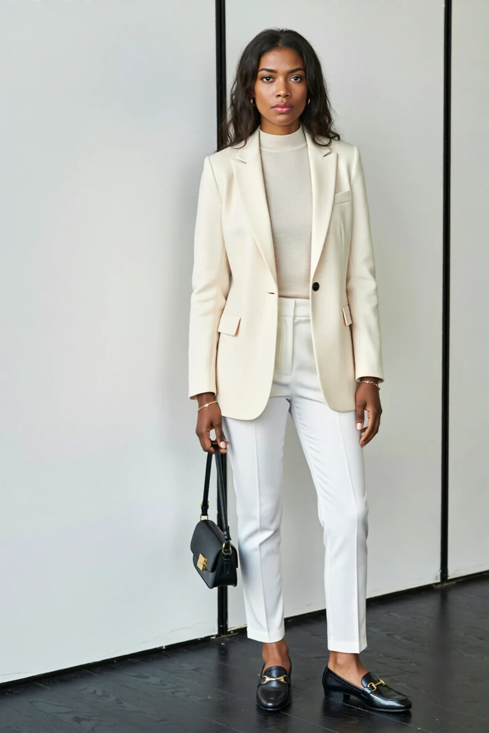 Cream blazer over a sleeveless knit mock neck with slim white trousers and black loafers for a polished, minimalist look
