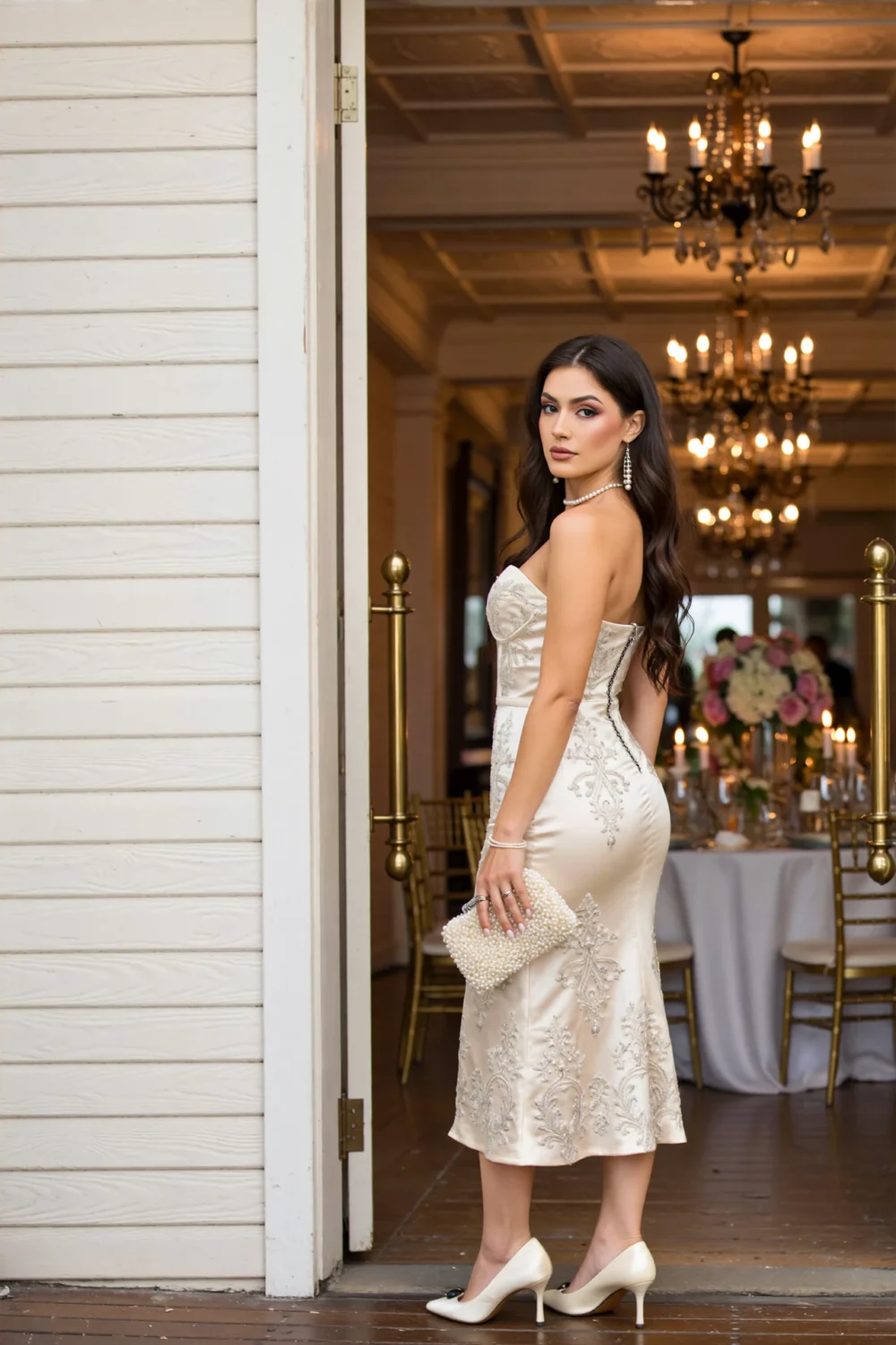 Brunette woman in a strapless cream silk-satin midi dress with pearl-bead paisley embroidery, posing at a wedding reception
