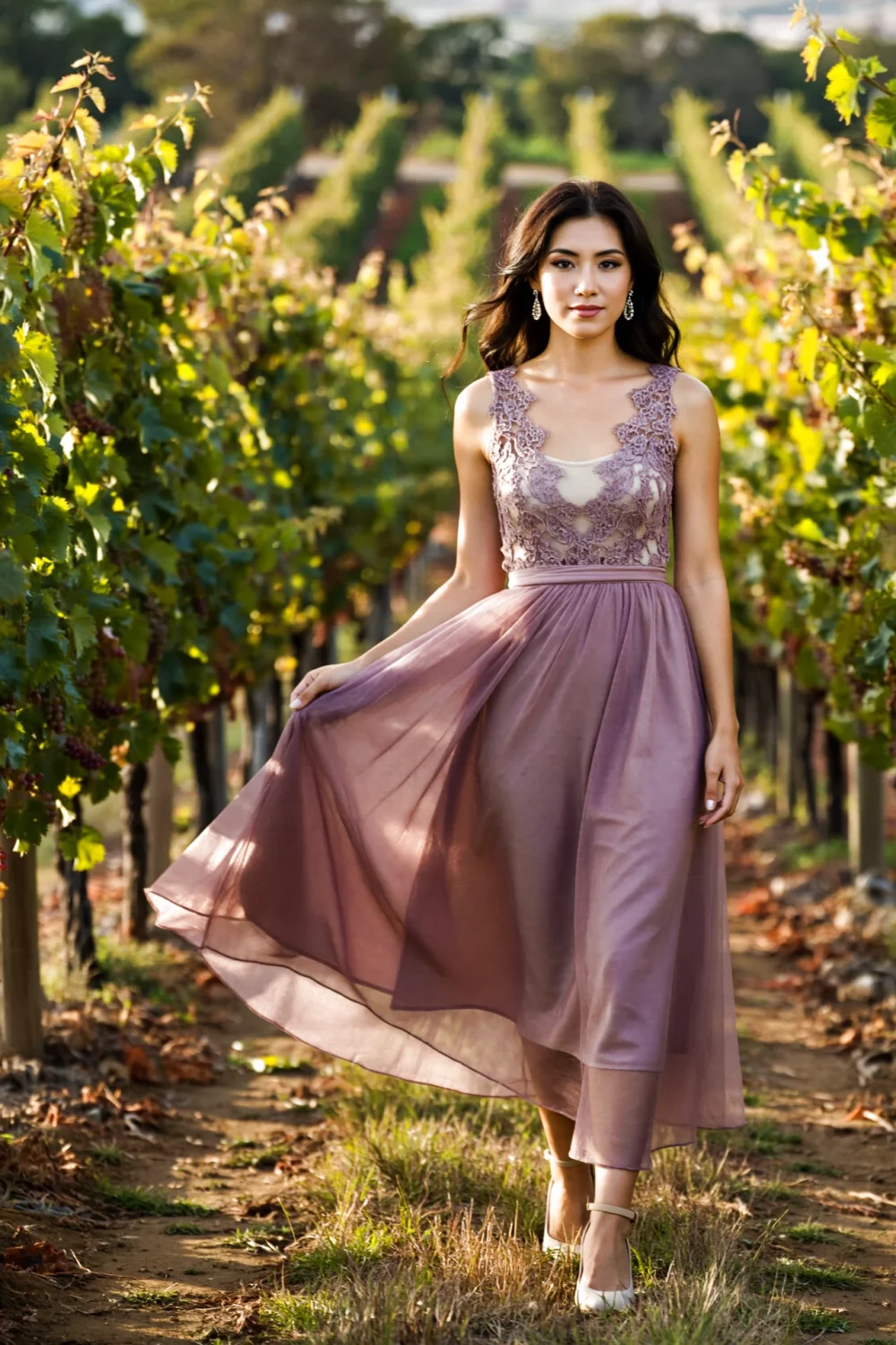 Woman in mauve lace bodice and flowing chiffon skirt in a vineyard, wearing delicate earrings and neutral heels with elegant charm