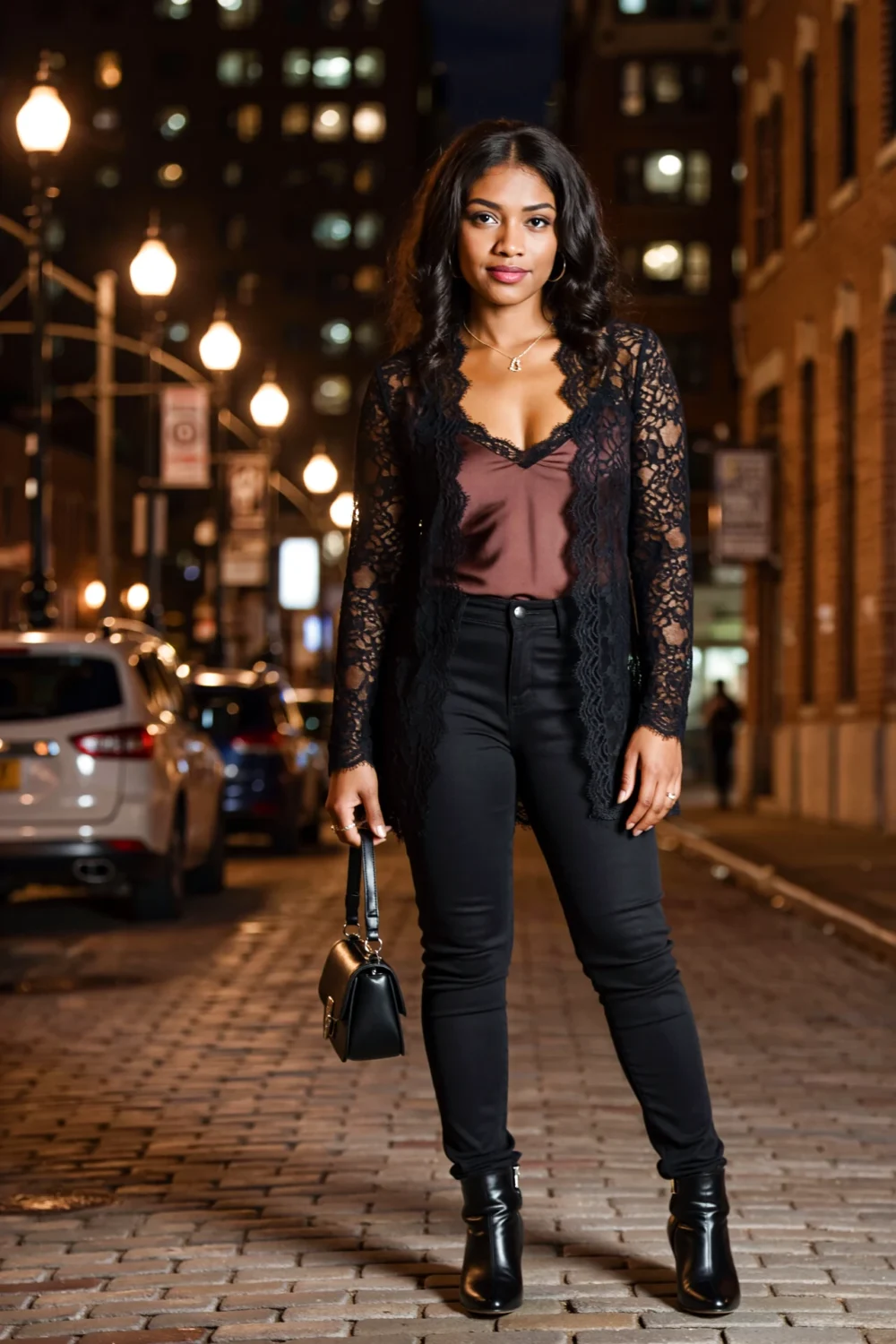 Woman on city street at night wearing black lace top layered over a brown camisole, fitted black jeans and heeled ankle boots