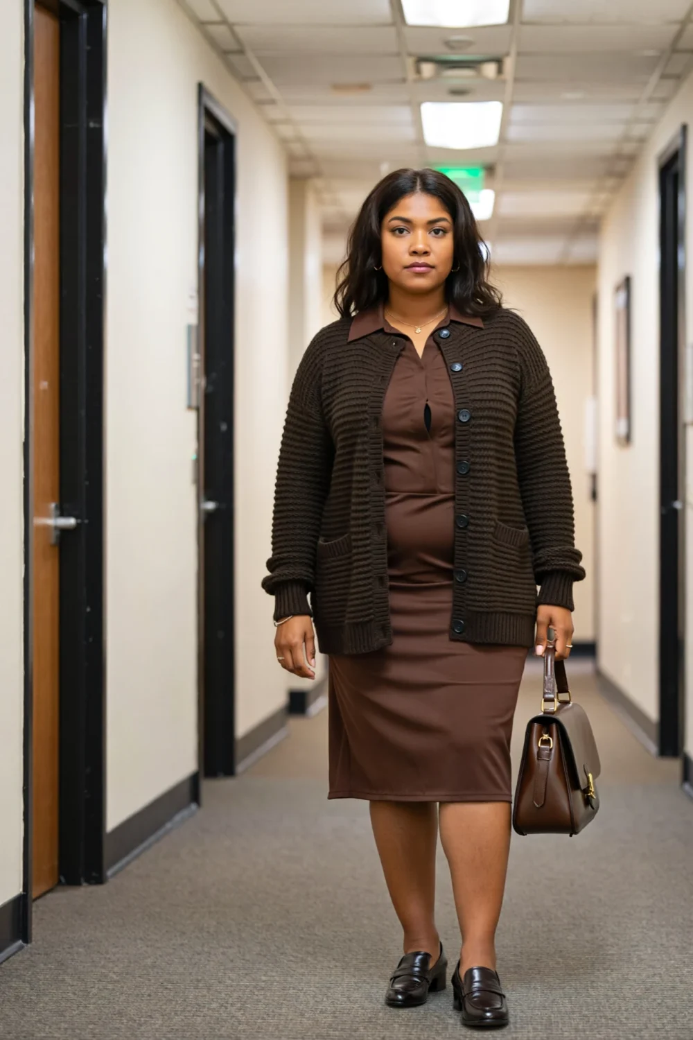 Confident woman in a neat brown cardigan and sheath dress, carrying a briefcase, styled for calm small claims or landlord-tenant court
