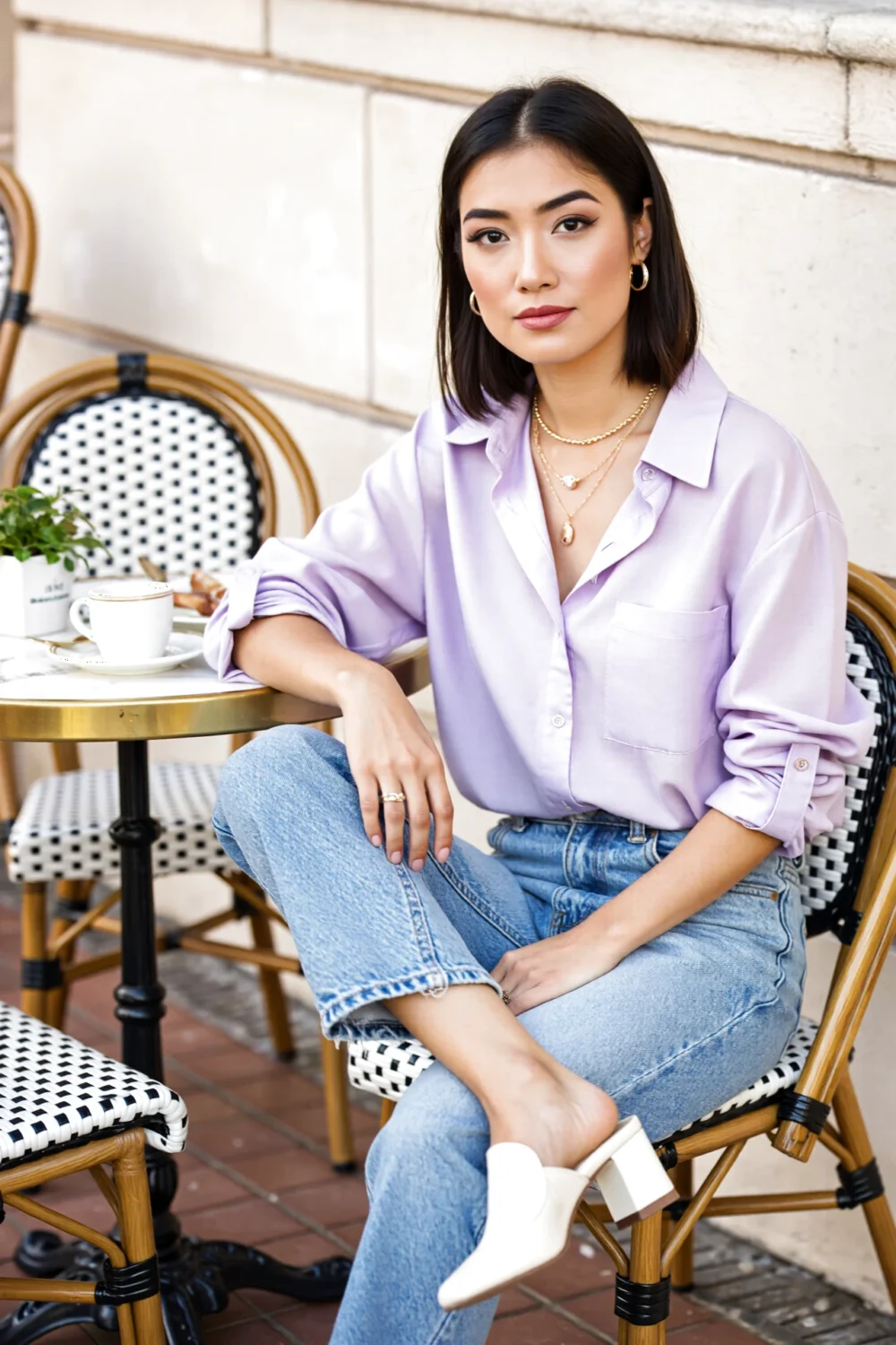 Woman in a lavender button-up and light blue jeans at a cafe, wearing delicate layered necklaces and white mules, polished spring.