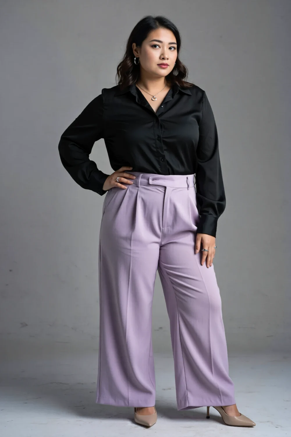 Crisp black poplin shirt with soft lavender wide-leg pants, neutral heels and silver accents for a streamlined daytime silhouette