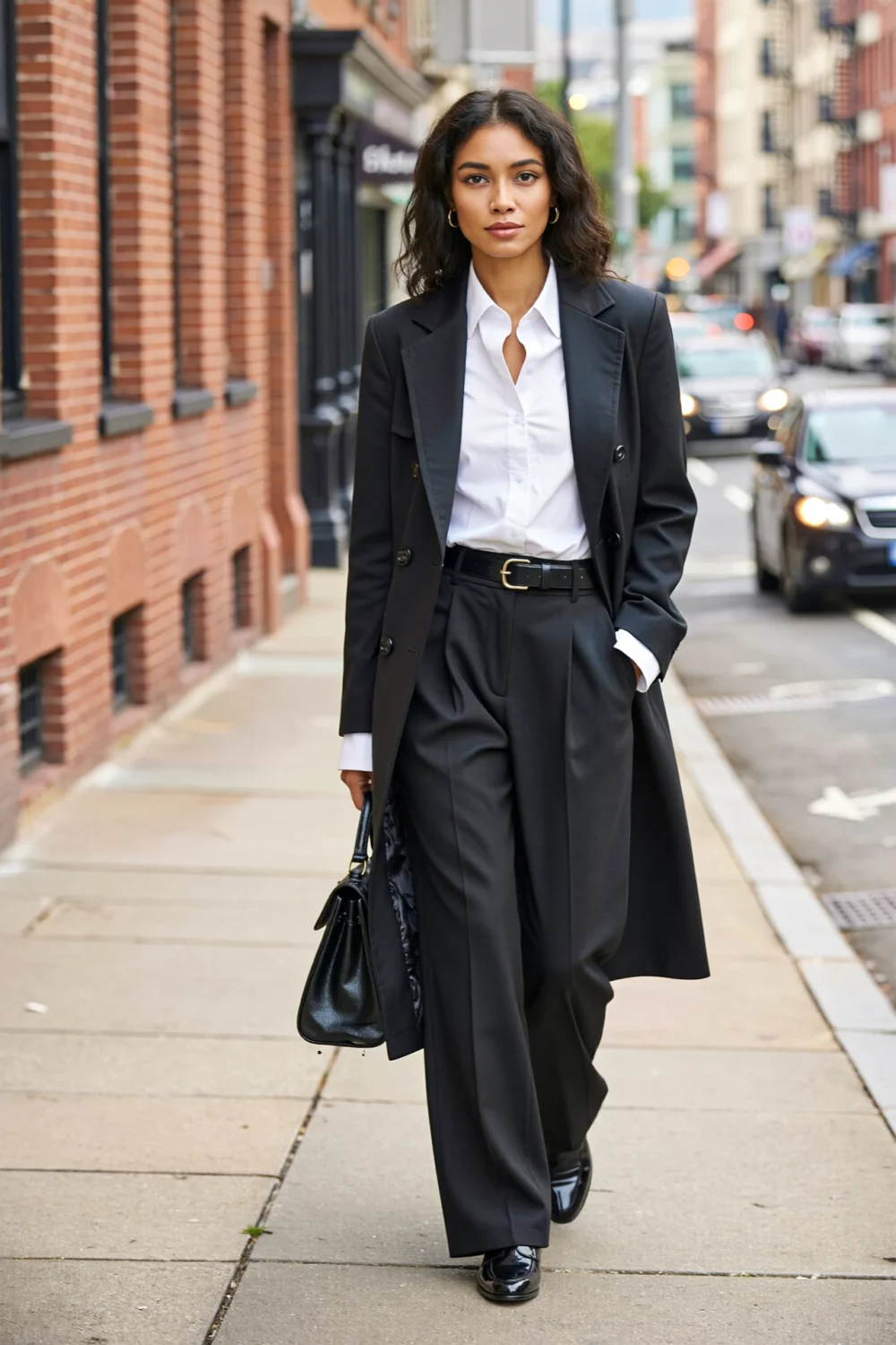 Woman in white shirt, black blazer and wide-leg trousers, walking city street in polished layered trench-inspired outfit