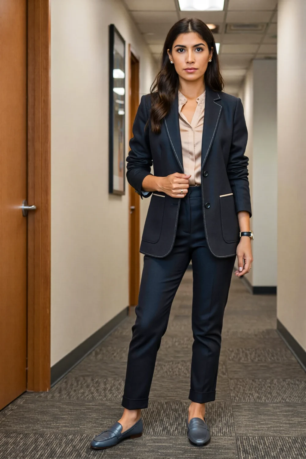 Woman in layered smart-casual office outfit with blazer, blouse, tailored pants and loafers for polished lower-stakes appearances