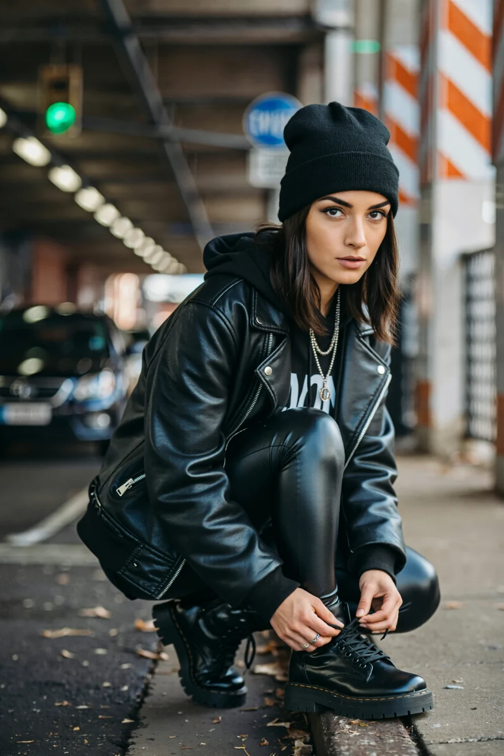 Model in beanie and hoodie, leather moto jacket, coated leggings and lug-sole boots, tying boot; layered necklaces add street edge