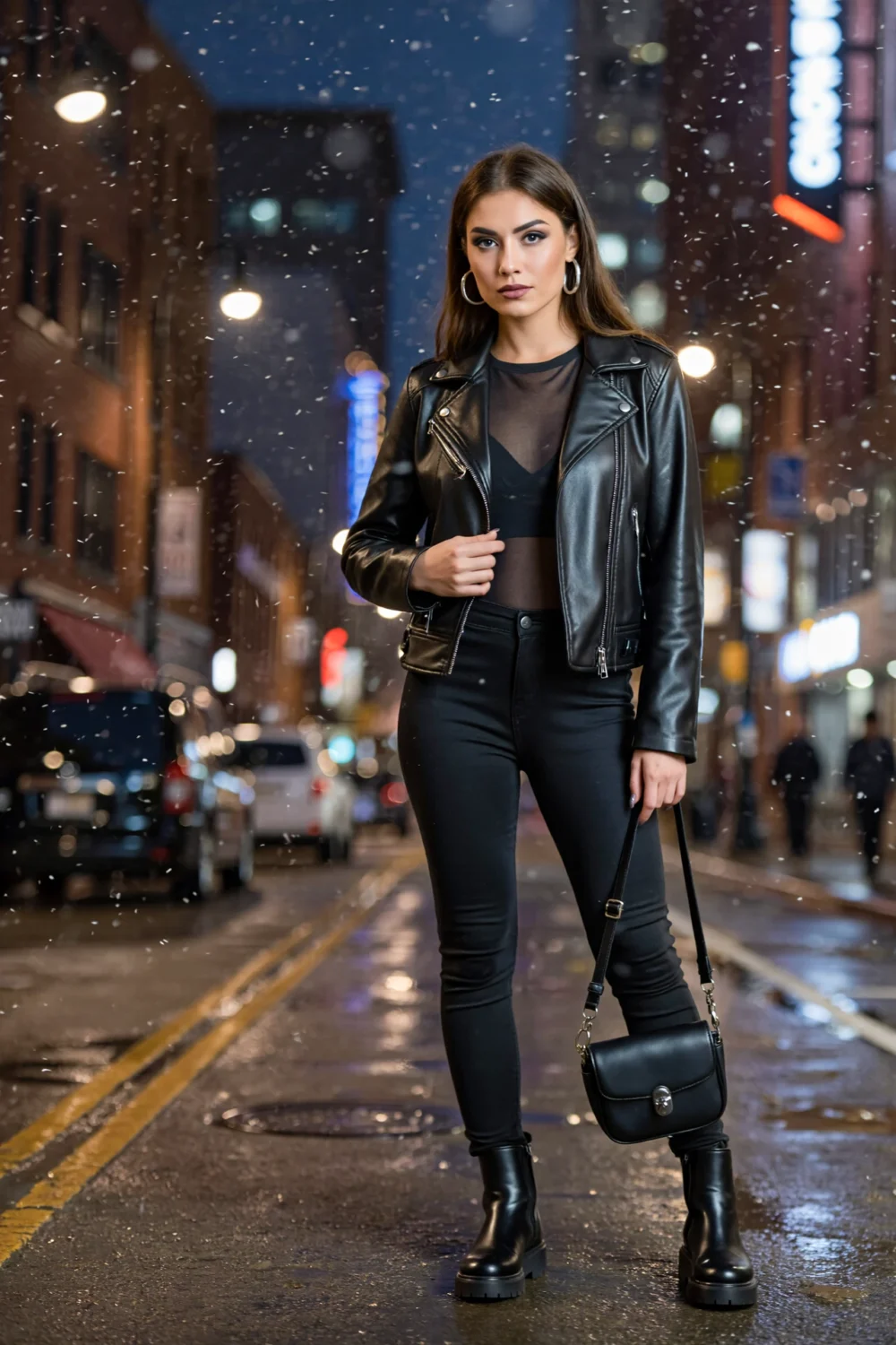 Woman in leather moto jacket, sheer bodysuit, black skinnies and lug-sole ankle boots for a rock look on a snowy city street.