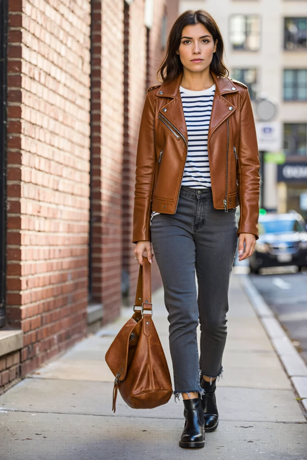 City-ready outfit with cognac leather moto jacket, striped tee, slate grey pants, black ankle boots, and slouchy brown satchel on sidewalk