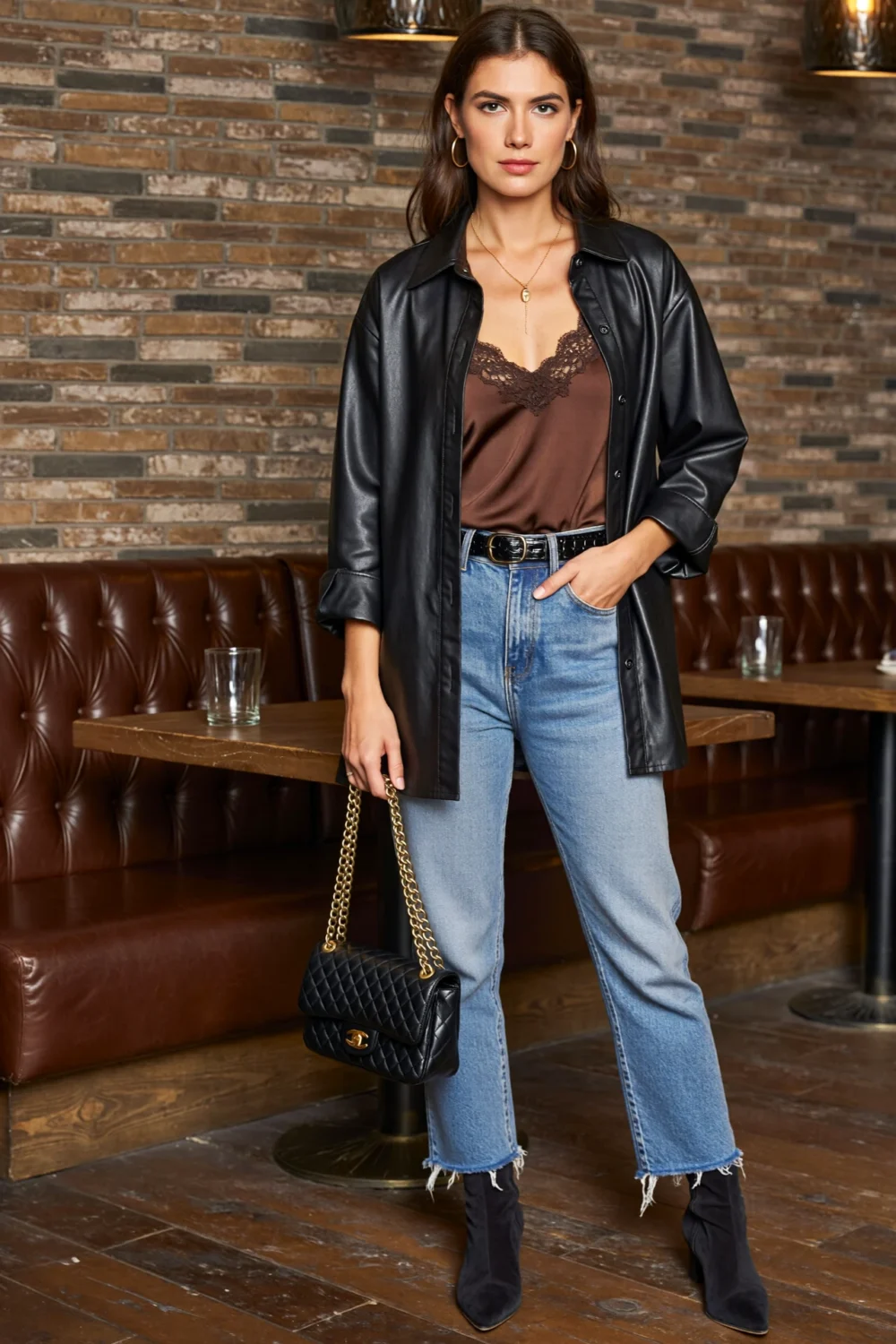 Open black leather shacket over espresso lace cami, light-wash straight jeans, sleek belt, quilted chain bag, pointed suede boots