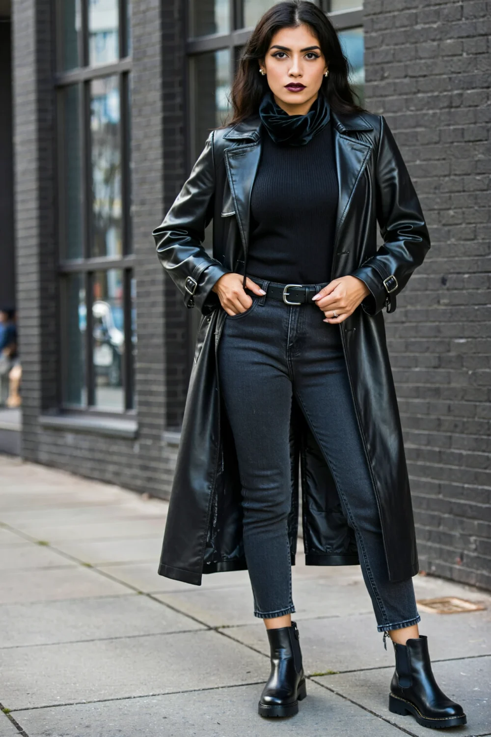 Street style outfit with leather trench over dark jeans and fitted black knit, creating a sleek, dramatic look with ankle boots