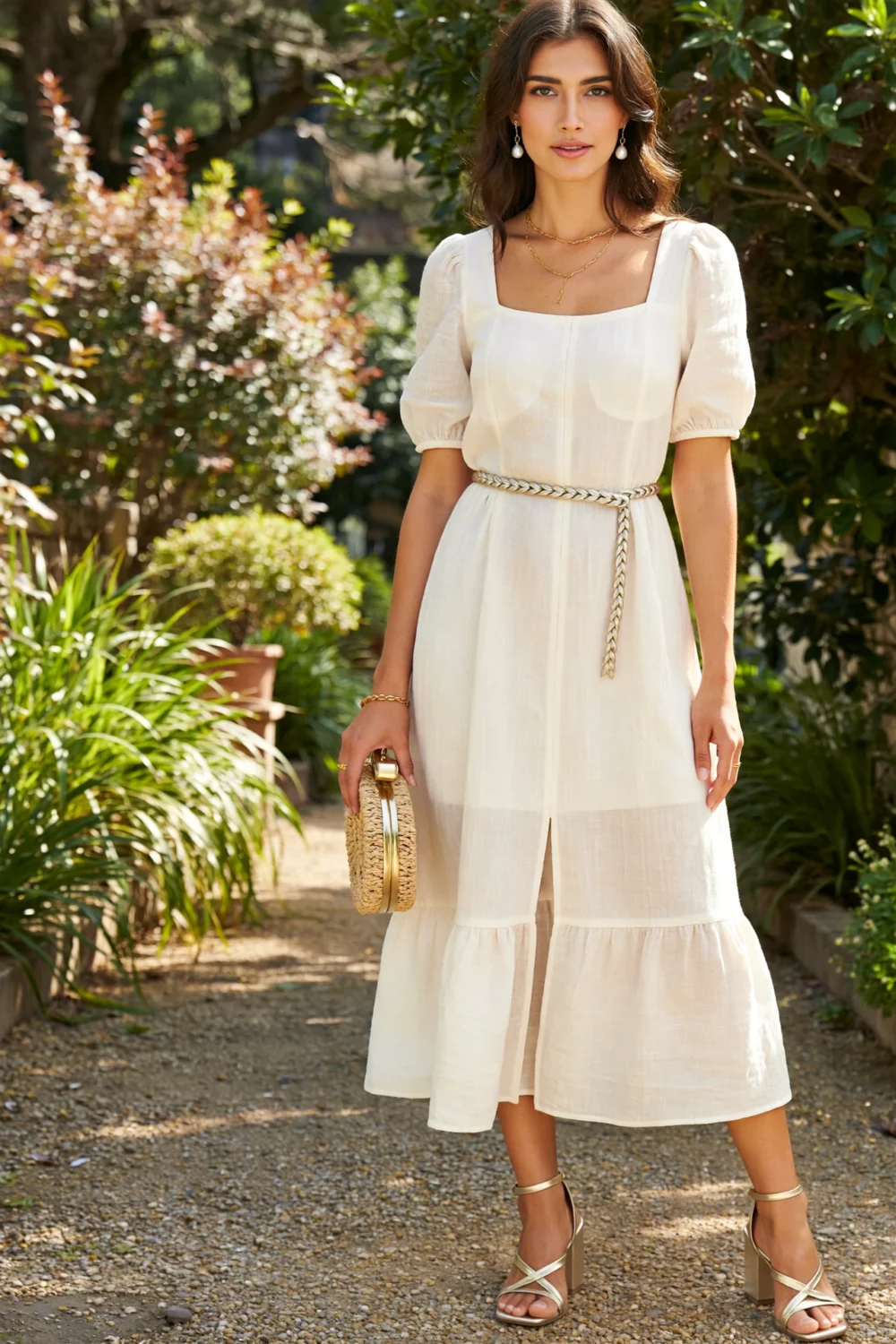 Buttercream lemon midi dress with square neckline, puff sleeves, A-line skirt and metallic accessories for a polished wedding guest look