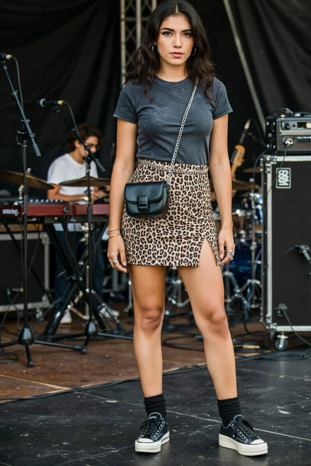 Festival-ready outfit with ribbed charcoal tee, leopard mini skirt, platform sneakers, and scrunched socks for a sleek concert look