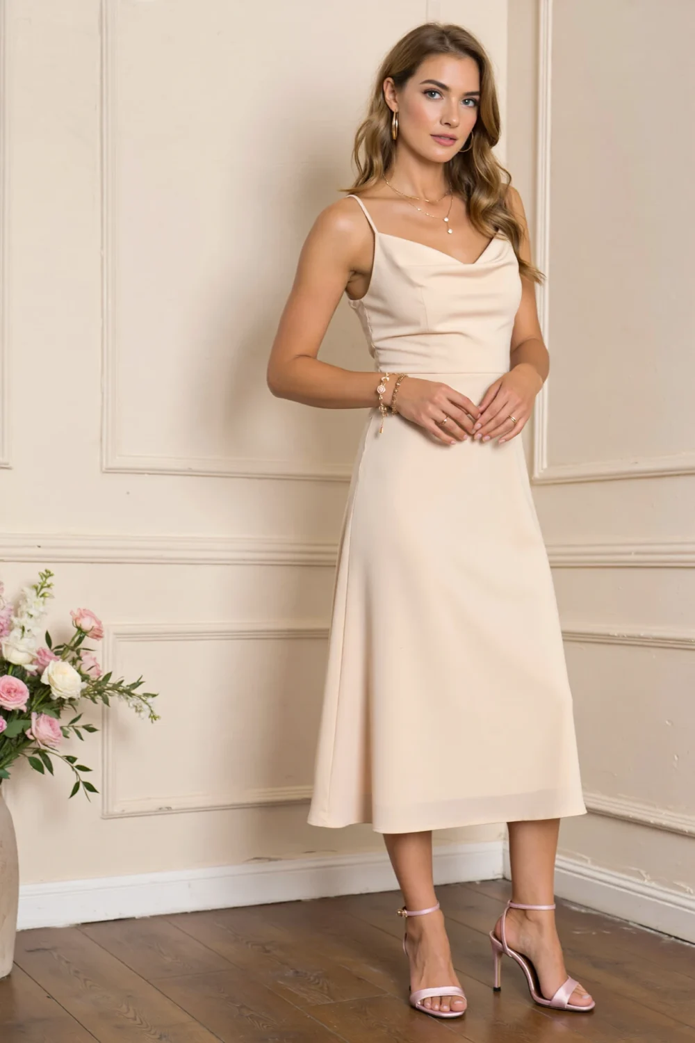 Woman in a light beige cowl-neck midi dress with blush heels, rose-gold jewelry and dewy glow, a soft romantic feminine palette