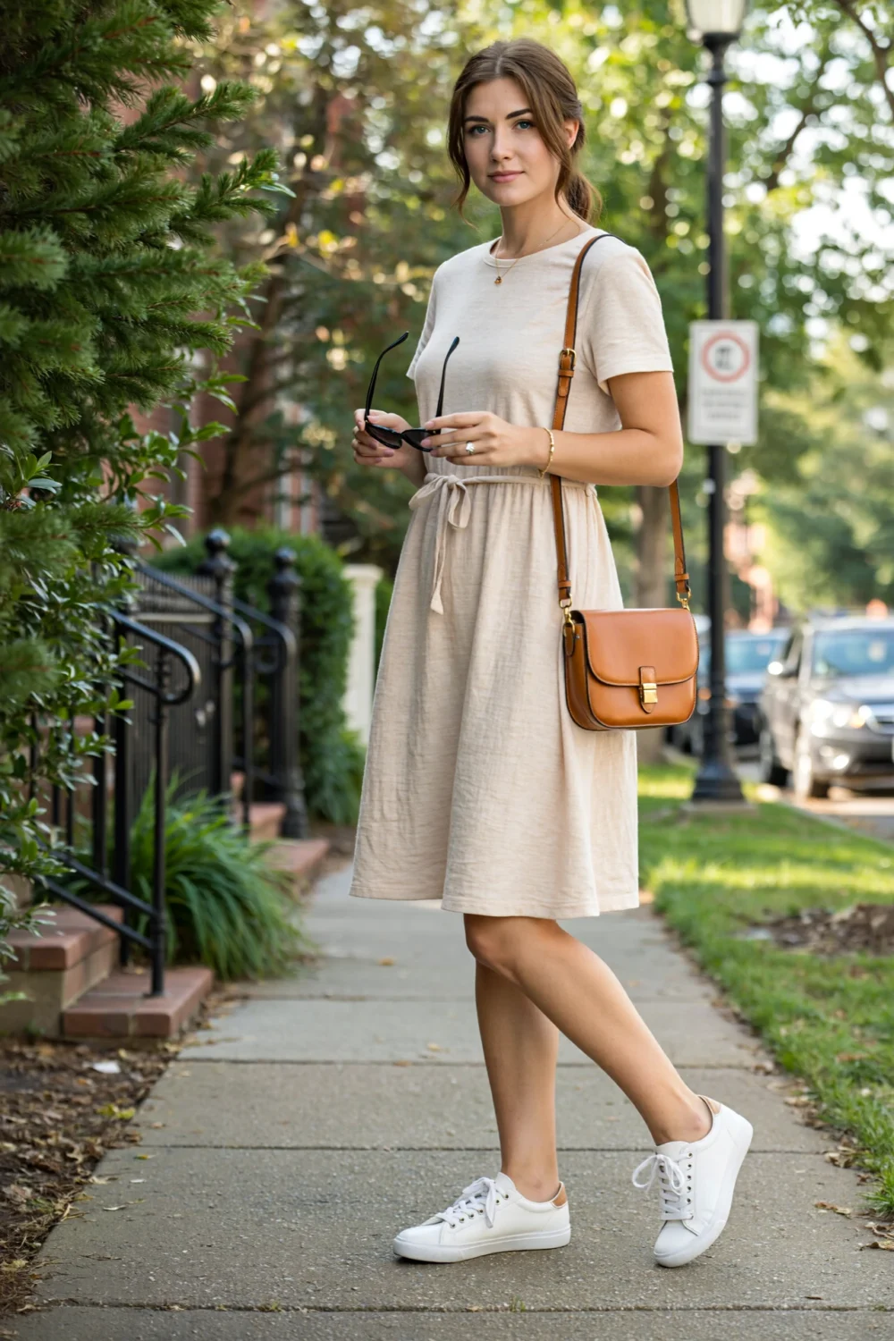 Woman in a light beige dress with white leather sneakers, sunglasses and tan crossbody bag for airy, versatile off-duty style