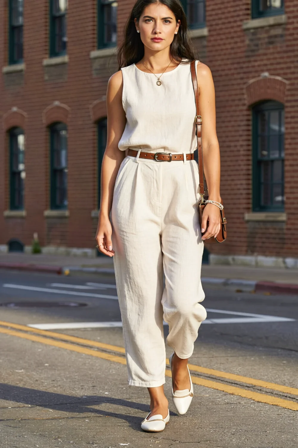 Woman in a light cotton-blend jumpsuit with belted waist and pointed flats, styled for a chic daytime theater performance outdoors