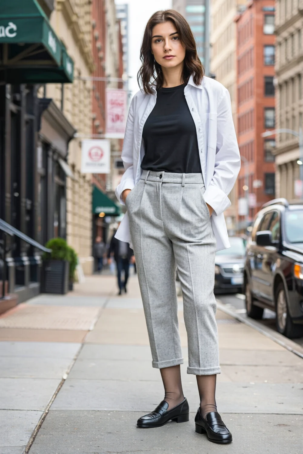 Woman in light grey cropped trousers and black leather loafers, paired with a black tee and white shirt for a polished city look