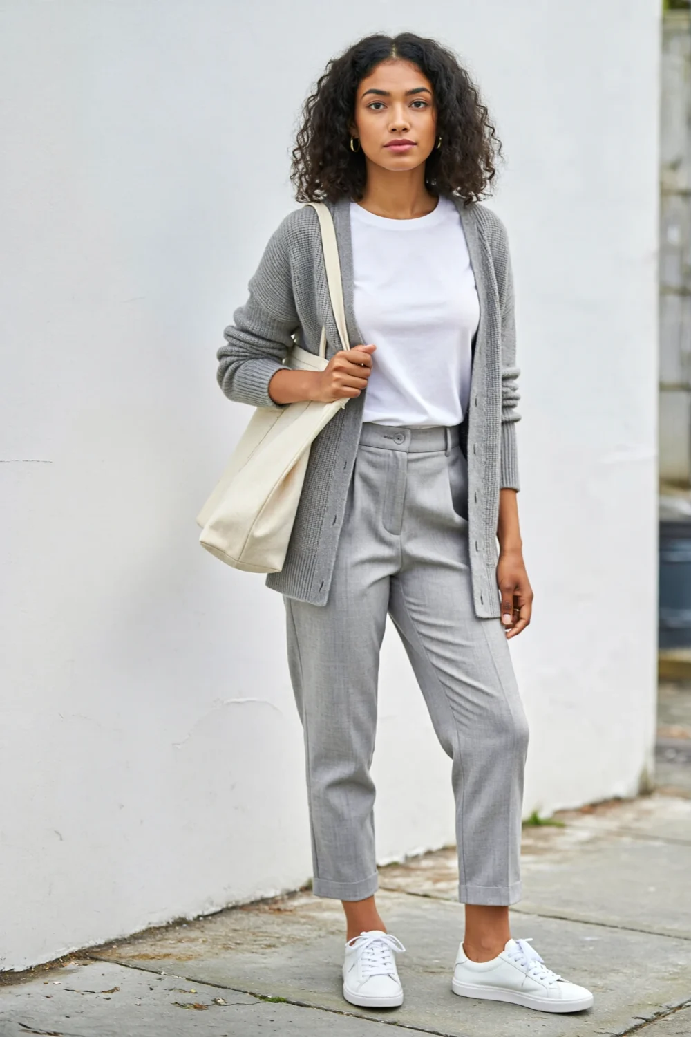 Woman in light grey trousers, heather cardigan, white tee, and white sneakers for a crisp, casual sporty outfit