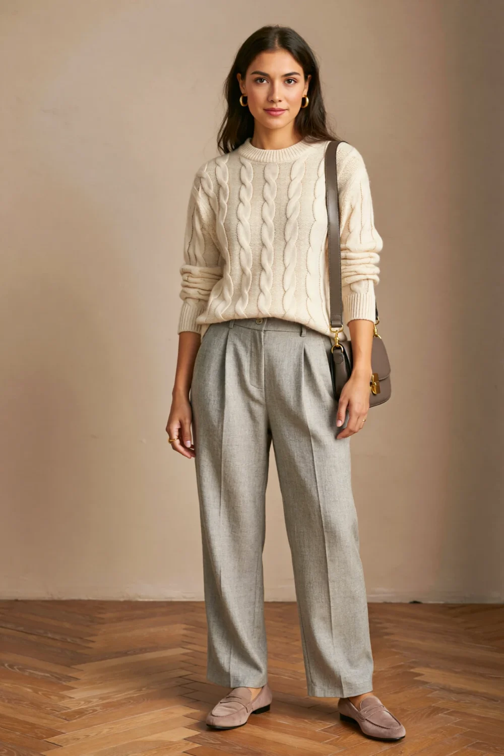 Woman in oat cable-knit sweater, light grey trousers, and taupe loafers with a muted crossbody for soft neutral style