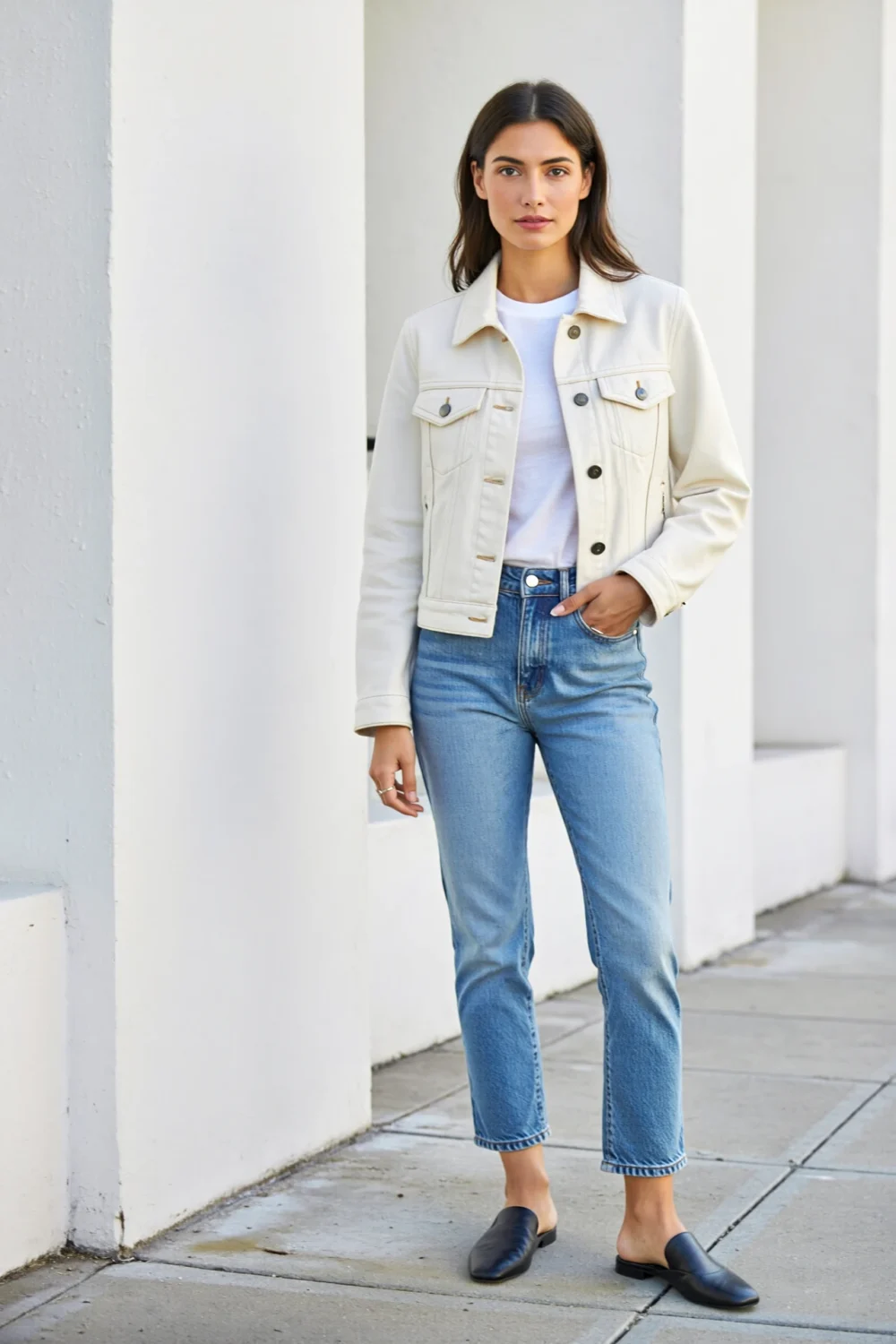 Light indigo cigarette jeans with a tucked-in white tee and cropped jacket, finished with black mules for a neat casual chic look.