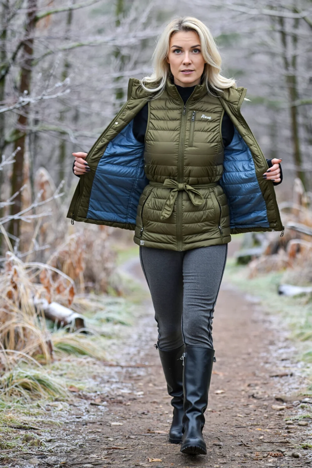 Woman on a frosty trail wearing an olive light insulated vest over a black base, with high-rise grey leggings and black boots.